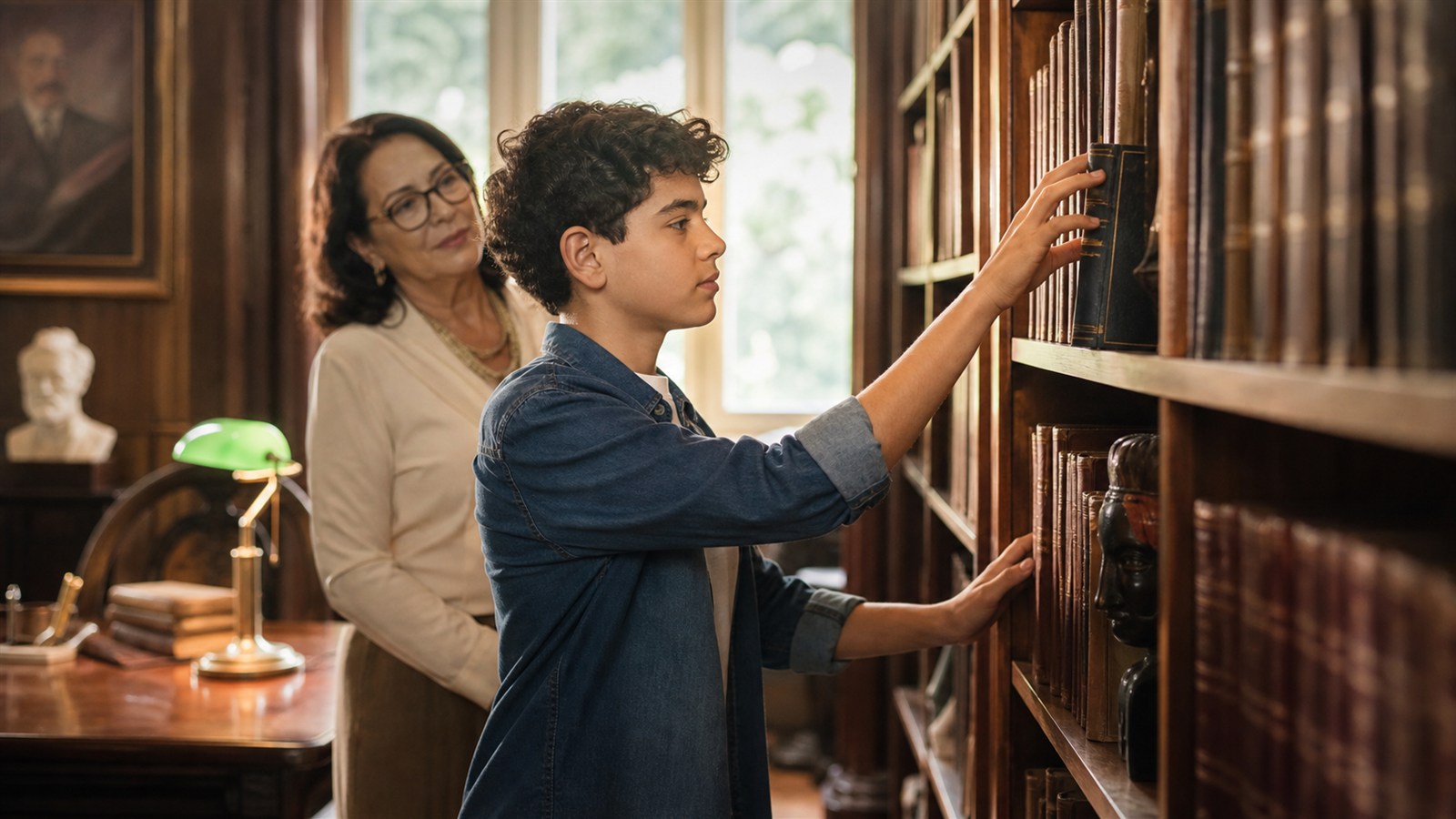 Adolescente escolhe uma obra literaria em uma biblioteca acompanhado por uma educadora