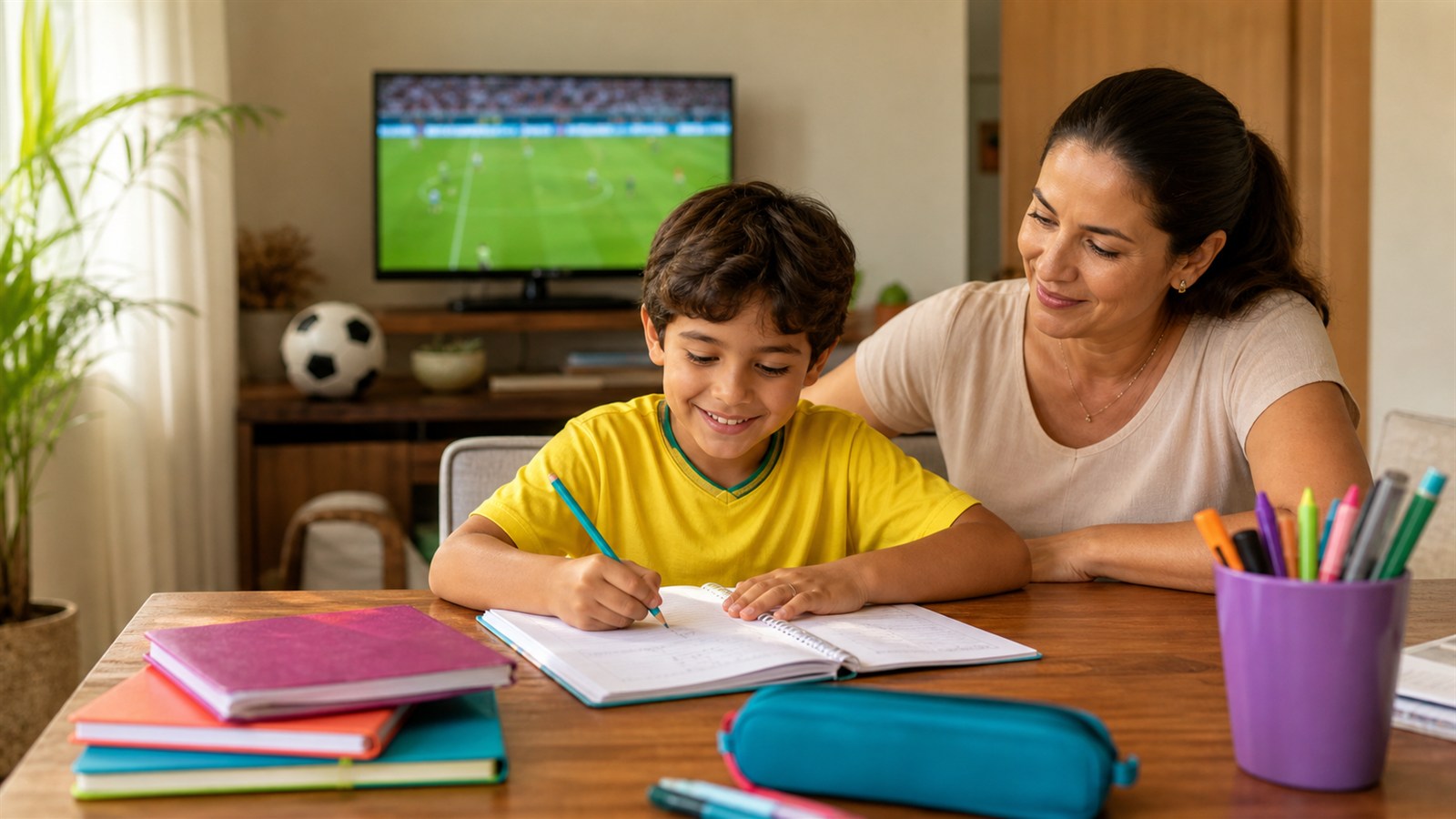 Crianca fazendo a licao com apoio da mae enquanto acompanha uma partida de futebol em casa