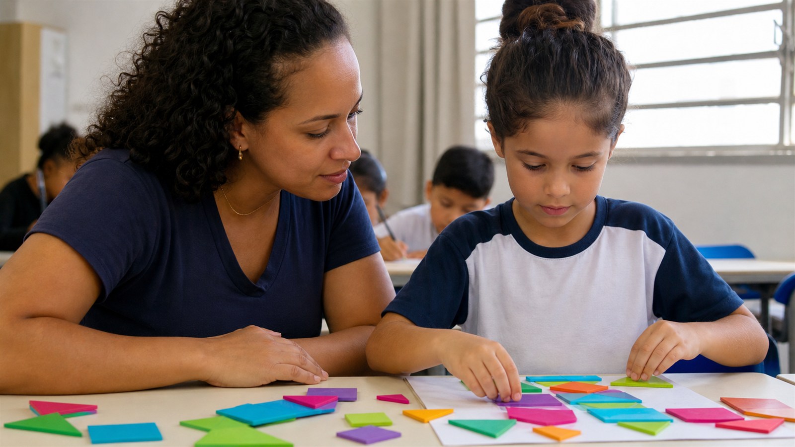 Educadora orienta aluna em uma atividade pratica de matematica com formas geometricas