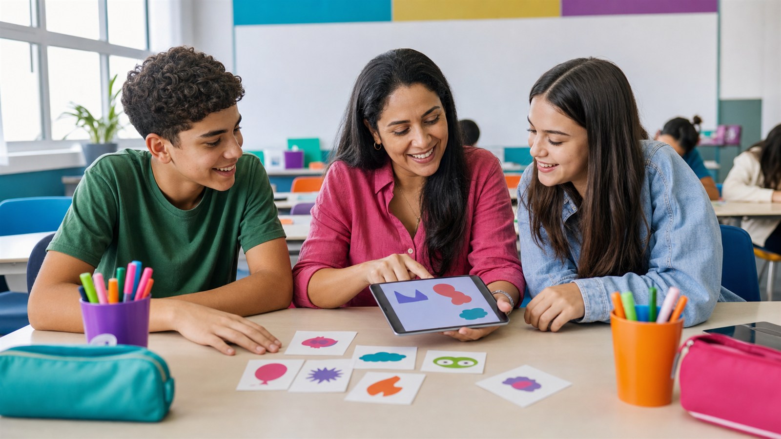 Professora e adolescentes usam imagens bem-humoradas em uma atividade de ingles