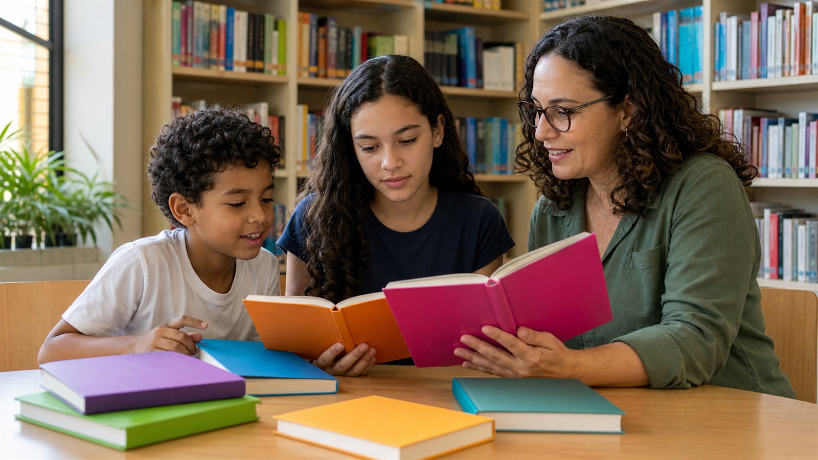 Crianca e adolescente escolhem livros adequados a cada fase com ajuda de uma educadora