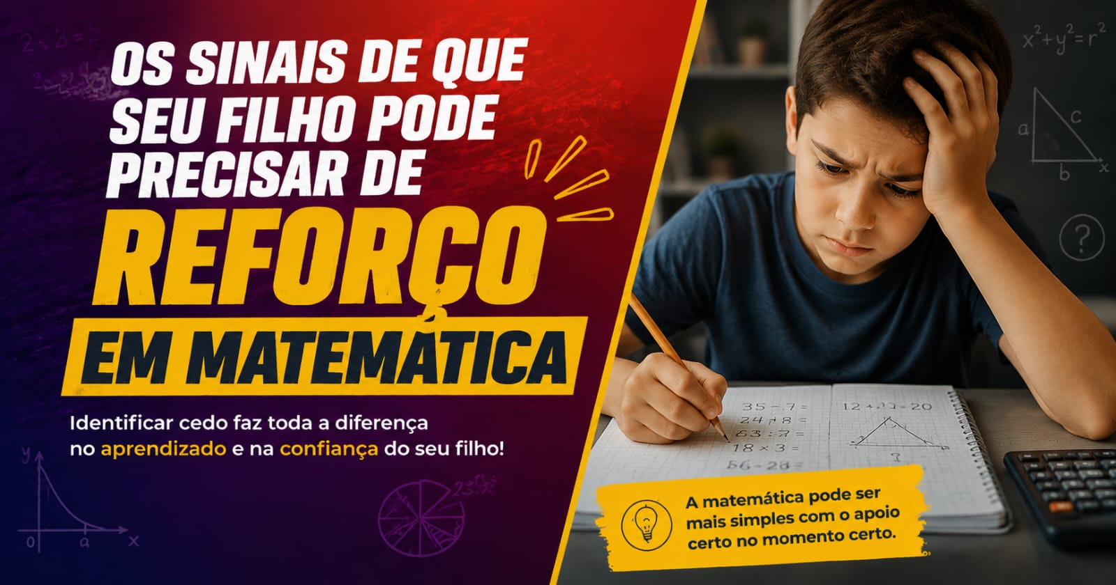 aluno pensativo com um caderno de matemática